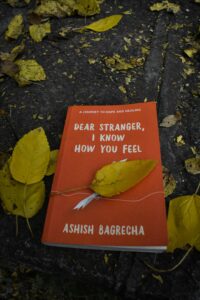 An orange book surrounded by fallen autumn leaves, evoking a warm seasonal vibe.