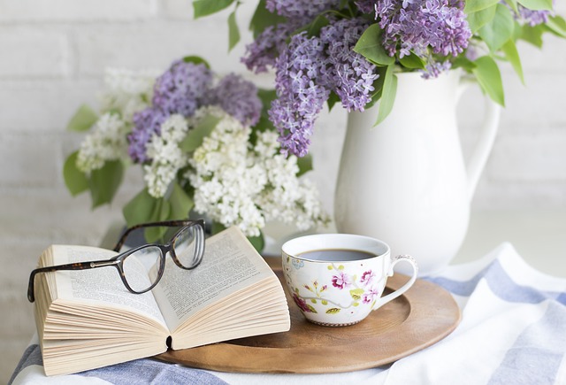 coffee, flower background, book, flowers, setting, romantic, rustic, teacup, vintage, home, reading, lifestyle, cozy, relaxing, flower wallpaper, lilac, nature, beautiful flowers, table, glasses