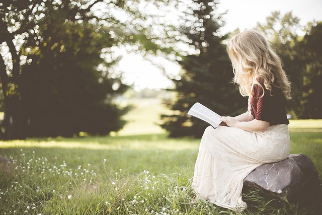 blonde, girl, book, reading, sit, sitting, young woman, nature, reading a book, reading girl, grass, outdoors, woman