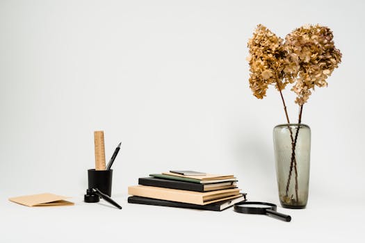 A clean workspace featuring stacked books, stationery, and a vase with dried flowers on a white background.